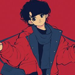  1980s_(style) black_eyes black_hair commentary_request fashion female head_tilt jacket looking_at_viewer nakamori_akina pikurusu real_life red_background red_jacket retro_artstyle scarf short_hair solo w_arms 