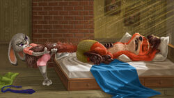  absurd_res anthro barefoot bed bed_sheet bedding bodily_fluids bottomless bottomwear canid canine canis clothed clothing detailed_background digital_media_(artwork) digital_painting_(artwork) disney drooling duo feet female fox fur furniture grey_body grey_fur hareluca hi_res judy_hopps lagomorph leporid lying lying_on_bed male male/female mammal necktie nick_wilde on_bed open_mouth orange_body pawpads pillow purple_eyes rabbit red_fox saliva shirt shirt_only shorts shorts_only skirt sleeping spread_legs spreading tail tail_grab tail_pull topless topless_anthro topless_male topwear topwear_only true_fox zootopia 