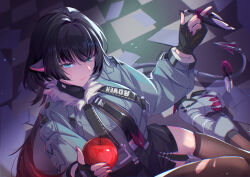  animal_ears apple black_garter_straps black_gloves black_hair black_necktie black_pantyhose black_shirt breasts celtreny checkered_floor closed_mouth commentary crop_top female fingerless_gloves food from_above fruit fur-trimmed_jacket fur_trim garter_straps gloves green_eyes green_jacket highres holding holding_food holding_fruit holding_knife jacket jane_doe_(zenless_zone_zero) knife large_breasts looking_at_viewer midriff mouse_ears mouse_girl mouse_tail multicolored_hair nail_polish necktie pantyhose pink_nails planted planted_knife red_hair red_necktie shirt sidelocks single_garter_strap single_leg_pantyhose single_thighhigh smile solo tail thighhighs thighs torn_clothes torn_pantyhose twitter_username two-tone_hair two-tone_necktie white_footwear zenless_zone_zero 