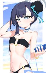  absurdres bangle bare_shoulders bikini black_bikini blue_archive blue_hair bracelet breasts bun_cover collarbone dark_blue_hair earrings expressionless female florida_bikini gen_(unzzenasd) grey_eyes grey_halo halo hand_up highres holding holding_phone jewelry kisaki_(blue_archive) long_hair looking_at_viewer nail_polish o-ring o-ring_bikini o-ring_bottom phone pointy_ears small_breasts solo standing strapless strapless_bikini stud_earrings swimsuit 