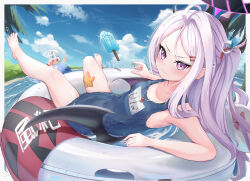  2girls ahoge black_halo blue_archive blush cloud commentary_request demon_wings food goggles hair_ornament hairpin halo heterochromia highres hina_(blue_archive) hina_(swimsuit)_(blue_archive) horns hoshino_(blue_archive) innertube long_hair low_wings milkcandyer multiple_girls one-piece_swimsuit pink_hair popsicle purple_eyes sky starfish swim_ring swimsuit tree water whistle whistle_around_neck white_hair wings 