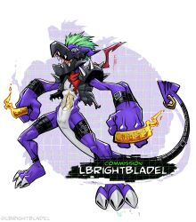  anthro bandai_namco bandana brass_knuckles digimon digimon_(species) green_hair hair hi_res kerchief lbrightbladel male melee_weapon neckerchief piercing punkmon purple_body scalie shoulder_pads solo spade_tail spiked_shoulder_pads spikes tail weapon 