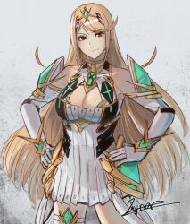  artist_name bare_shoulders blonde_hair breasts chest_jewel cleavage cm_lynarc dress earrings elbow_gloves female gloves headpiece highres jewelry large_breasts long_hair looking_at_viewer looking_back mythra_(xenoblade) smile solo swept_bangs tiara white_dress white_gloves xenoblade_chronicles_(series) xenoblade_chronicles_2 yellow_eyes 