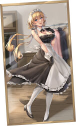  :d alternate_costume apron black_dress black_footwear black_gloves blonde_hair blue_eyes blush breasts clothes_rack commentary_request detached_collar dress enmaided female full_body gloves hand_on_own_chest highres kantai_collection kokuzou large_breasts long_hair maid maid_headdress mirror open_mouth pantyhose reflection reflection_focus shoes skirt_hold smile solo standing valiant_(kancolle) white_apron white_pantyhose wooden_floor 