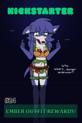  2:3 anthro black_background bloodline_(webcomic) blue_body blue_ears blue_fur blue_tail blush blush_lines bra burger_lingerie canid canine canis clothing embarrassed ember_(bloodline) female fluffy_chest fluffy_ears fur garter_belt garter_straps green_eyes green_text hi_res kickstarter lingerie mammal meme meme_clothing multicolored_body panties simple_background solo tail text two_tone_body underwear w0lfmare white_body white_fur wolf 