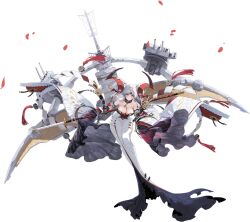  artist_request azur_lane bare_shoulders breasts cleavage collar female full_body gloves grey_hair hair_ornament highres holding holding_weapon horns japanese_clothes katana kimono long_hair looking_back machinery medium_breasts official_art petals purple_eyes sidelocks single_horn smile solo strapless_kimono sword turret watarase_(azur_lane) weapon wide_sleeves 