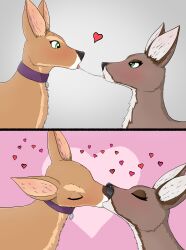  absurd_res bodily_fluids collar deer duo estelle_(doriyote) eye_contact female female/female feral french_kissing green_eyes heart_symbol hi_res juniper_(laserkitten) kissing laserkitten looking_at_another love making_out mammal new_world_deer saliva saliva_string tongue tongue_out white-tailed_deer 