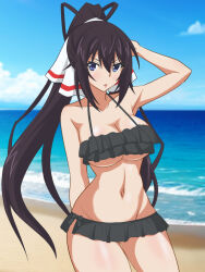  beach bikini bikini_skirt black_bikini black_hair blue_eyes blue_sky breasts cloud commentary_request cowboy_shot day female frilled_bikini frills hair_ribbon hata_(pixiv10403940) high_ponytail highres horizon infinite_stratos large_breasts long_hair navel ocean outdoors ponytail ribbon shinonono_houki sky solo split_ponytail swimsuit underboob 