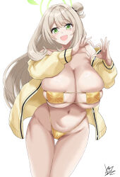  bare_shoulders bikini blue_archive blush breasts cleavage eyepatch_bikini female green_eyes hair_bun halo heart heart_hands highleg highleg_bikini highres ibara_azuki jacket large_breasts light_brown_hair long_hair long_sleeves looking_at_viewer navel nonomi_(blue_archive) open_clothes open_jacket open_mouth single_side_bun skindentation smile solo swimsuit thighs yellow_bikini yellow_jacket 