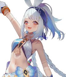  :d arm_up blue_hair braid female genshin_impact hanato_(seonoaiko) highres looking_at_viewer mualani_(genshin_impact) multicolored_hair navel open_mouth red_eyes simple_background smile solo teeth twin_braids twintails two-tone_hair upper_teeth_only white_background 