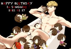  1boy ass bathtub black_background blonde_hair character_doll character_name convenient_leg doll english_text full_body happy_birthday holding holding_doll katonist killing_stalking knees_up looking_at_viewer male_focus nude oh_sangwoo undercut yoon_bum 