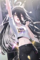  ;d amano_kokoko animal_ears arm_up black_hair black_pants denim ear_tag female highres horse_ears horse_girl horse_tail jeans long_hair manhattan_cafe_(umamusume) midriff navel one_eye_closed open_mouth pants smile solo sweat tail uma_summer_(umamusume) umamusume white_hair 