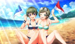  2girls :d ;d beach bikini bird black-framed_eyewear breasts cinderella_series cleavage cloud collarbone crossed_bangs eyewear_on_head feet_out_of_frame flag game_cg green_eyes green_hair hachigatsu_no_cinderella_nine hair_ornament hairclip halterneck hand_on_another&#039;s_hip hand_on_another&#039;s_shoulder highres holding holding_flag knees_up lens_flare light_particles light_rays looking_at_viewer multiple_girls nakano_ayaka non-web_source ocean official_art one_eye_closed open_mouth outdoors purple_eyes seagull short_hair sitting sky smile sparkle string_bikini striped_bikini striped_clothes sunbeam sunlight sweat swimsuit taketomi_aya teeth upper_teeth_only wristband 