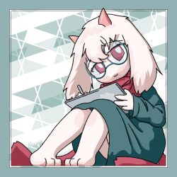  1:1 anthro blue_border border bovid caprine deltarune eyewear floppy_ears fluffy fur glasses goat hi_res horn humanoid male mammal milin_goatmonsto monstio paws ralsei ralsei_(monstio) ralsei_lazro red_eyes scarf sitting smile smiling_at_viewer solo undertale_(series) white_body white_fur 