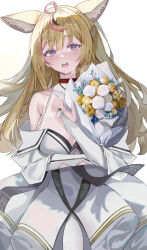  absurdres ahoge animal_ears blonde_hair blush bouquet breasts bridal_gauntlets choker cleavage commentary dress elbow_gloves eyelashes female flower fox_ears fox_girl gloves heart heart-shaped_pupils highres holding holding_bouquet hololive jewelry long_hair mahyo multicolored_hair omaru_polka open_mouth pink_hair purple_eyes red_choker ring ringed_eyes solo streaked_hair symbol-shaped_pupils tail very_long_hair virtual_youtuber wedding_dress white_background white_dress white_gloves 