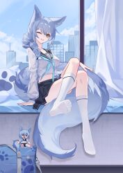  ;p animal_ears arknights arm_support black_sailor_collar black_skirt blue_hair blue_neckerchief blue_sky character_doll city cloud commentary_request crop_top crossed_legs day female highres indoors kneehighs large_tail long_hair long_sleeves looking_at_viewer miniskirt neckerchief no_shoes one_eye_closed provence_(arknights) provence_(xz002) sailor_collar school_uniform serafuku shirt sitting skirt sky smile socks solo stomach tail tongue tongue_out white_shirt white_socks wolf_ears wolf_tail yellow_eyes 