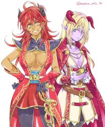  2girls alternate_costume azbar_(dragon_quest) black_choker black_gloves black_leggings black_nails blonde_hair blue_eyes breasts cape choker cleavage colored_eyelashes colored_skin commentary_request cowboy_shot dark-skinned_female dark_skin demon_girl dragon_quest dragon_quest_x frilled_sleeves frills frown genderswap_(mtf) gloves grin hand_on_own_hip highres holding horns large_breasts leggings long_hair looking_at_another looking_to_the_side medium_breasts mekeko messy_hair multiple_girls pointy_ears purple_skin red_cape red_hair red_horns red_skirt rule_63 skirt skull_belt slit_pupils smile sword weapon white_background yellow_eyes yushuka_(dragon_quest) 