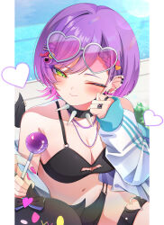  absurdres bat_hair_ornament bikini black_bikini black_collar breasts candy collar cross cross_earrings demon_girl demon_tail doom_yorusen earrings eyewear_on_head female food green_eyes hair_ornament hairpin heart heart-shaped_eyewear heart_o-ring highres holding holding_candy holding_food holding_lollipop hololive jewelry lollipop medium_breasts multicolored_hair nail_polish o-ring o-ring_thigh_strap one_eye_closed piercing pink_hair pink_nails purple_hair short_hair smile spiked_collar spikes streaked_hair sunglasses swimsuit tail tail_ornament tail_piercing thigh_strap tokoyami_towa virtual_youtuber x_hair_ornament 