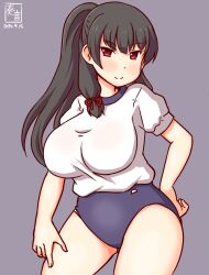  alternate_hairstyle black_hair blue_buruma breasts buruma commentary_request contrapposto female grey_background gym_shirt gym_uniform hair_ribbon isokaze_(kancolle) kanon_(kurogane_knights) kantai_collection large_breasts looking_at_viewer one-hour_drawing_challenge ponytail ribbon shirt simple_background solo t-shirt tress_ribbon white_shirt 