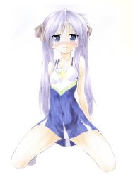  ass_visible_through_thighs bare_shoulders blue_eyes blush breasts brown_ribbon clenched_teeth collarbone commentary covered_navel dress embarrassed female full_body furrowed_brow hair_ribbon highres hiiragi_kagami long_hair looking_at_viewer lucky_star pleated_dress purple_dress purple_hair ribbon shiki_59 short_dress simple_background sleeveless sleeveless_dress solo symbol-only_commentary tearing_up teeth twintails white_background 