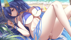  2024 absurdres ass averting_eyes azur_lane bare_shoulders beach bikini blue_bikini blue_eyes blue_hair blush breasts cleavage commentary covered_nipples covering_privates day drinking_straw embarrassed feet_out_of_frame female food fruit hair_between_eyes highres huge_breasts legs lemon lemon_slice long_hair looking_at_viewer lying new_jersey_(azur_lane) new_jersey_(midsummer_leisure)_(azur_lane) official_alternate_costume on_back outdoors sand signature solo summer swimsuit very_long_hair water z_shitei_ero 