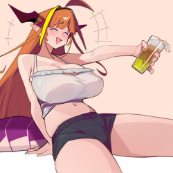  ahoge alcohol blonde_hair breasts dismassd dragon_girl dragon_horns female highres hololive horns kiryu_coco kiryu_coco_(loungewear) large_breasts long_hair midriff multicolored_hair navel official_alternate_costume orange_hair pointy_ears shorts streaked_hair twintails virtual_youtuber 