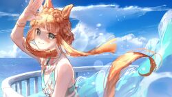  absurdres animal_ears arm_up bare_shoulders bikini bracelet braid cloud crown_braid female flat_chest floating_hair green_bikini green_eyes highres horizon horse_ears horse_girl horse_tail jewelry long_hair looking_at_viewer looking_to_the_side ocean open_mouth orange_hair railing shading_eyes silence_suzuka_(emerald_on_the_waves)_(umamusume) silence_suzuka_(umamusume) smile solo swimsuit tail umamusume upper_body water yu_hydra 