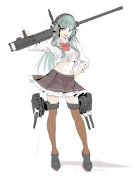  adapted_costume bow bowtie brown_skirt brown_thighhighs browning_m2 check_weapon collared_shirt dress_shirt female frilled_skirt frills full_body green_eyes green_hair gun hashtag-only_commentary headphones headset heavy_machine_gun highres kantai_collection long_hair machine_gun microphone midriff navel orange_bow orange_bowtie shirt simple_background skirt solo suzuya_(kancolle) tada_(tactical_tada) thighhighs torpedo_launcher weapon weapon_request white_background white_shirt 