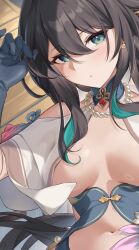  black_hair breasts center_opening green_eyes hino_kagutsuki honkai:_star_rail honkai_(series) jewelry looking_at_viewer navel ruan_mei_(honkai:_star_rail) 