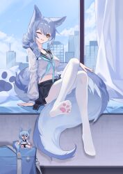  ;p animal_ears arknights arm_support black_sailor_collar black_skirt blue_hair blue_neckerchief blue_sky character_doll city cloud commentary_request crop_top crossed_legs day female highres indoors large_tail long_hair long_sleeves looking_at_viewer miniskirt neckerchief no_shoes one_eye_closed provence_(arknights) provence_(xz002) sailor_collar school_uniform serafuku shirt sitting skirt sky smile solo stomach tail thighhighs tongue tongue_out white_shirt white_thighhighs wolf_ears wolf_tail yellow_eyes 