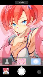  absurdres aiba_ami black_bra blue_camisole blue_eyes blush bra breasts camisole cross-laced_clothes digimon digimon_story:_cyber_sleuth female highres hood hood_down hooded_jacket jacket large_breasts pink_jacket red_hair sasaki_(ssk8083) shiramine_nokia sideless_outfit solo twintails underwear upper_body user_interface 