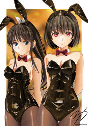  2girls animal_ears arms_behind_back black_hair black_leotard black_pantyhose blue_eyes bow bowtie breasts bunny_day commentary_request cowboy_shot detached_collar fake_animal_ears highres leotard long_hair looking_at_viewer medium_breasts multiple_girls original pantyhose playboy_bunny ponytail rabbit_ears red_bow red_bowtie red_eyes short_hair signature strapless strapless_leotard takeda_eka thigh_gap twitter_username 