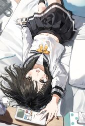  alarm_clock arm_up black_hair black_sailor_collar black_skirt black_socks brown_eyes clock commentary_request controller feet_out_of_frame female highres holding holding_phone long_sleeves lying medium_hair midriff_peek navel on_back open_mouth original osana_naruka pentagon_(railgun_ky1206) phone pleated_skirt reaching remote_control ribbon sailor_collar school_uniform serafuku shirt skirt socks solo tissue_box upside-down white_shirt yellow_ribbon 