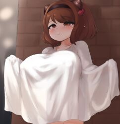  blush breasts brown_eyes brown_hair clothes covering_breasts covering_privates female granblue_fantasy hair_between_eyes hairband highres horns huge_breasts oppai_loli pldf shirt short_hair solo swept_bangs white_shirt yaia_(granblue_fantasy) 