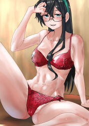  black_hair bra cameltoe commentary_request commission feet_out_of_frame female green_eyes green_hairband hairband highres kantai_collection long_hair looking_at_viewer megakura_kinshi ooyodo_(kancolle) panties red_bra red_panties skeb_commission solo spread_legs sweat underwear underwear_only very_sweaty 