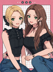  2girls :d alternate_costume bare_arms bare_shoulders black_shirt blonde_hair brown_hair crop_top denim dorothea_arnault earrings fire_emblem fire_emblem:_three_houses forehead green_eyes highres ingrid_brandl_galatea jeans jewelry looking_at_viewer midriff multiple_girls navel off-shoulder_shirt off_shoulder open_mouth pants shirt short_hair short_sleeves sleeveless sleeveless_shirt smile yuurururun 