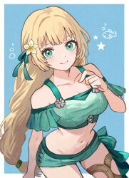  bare_shoulders bikini blonde_hair breasts collarbone commentary_request crop_top female fire_emblem fire_emblem:_three_houses fire_emblem_heroes green_bikini green_eyes green_ribbons green_shorts hair_ribbon highres ingrid_brandl_galatea ingrid_brandl_galatea_(summer) long_hair looking_at_viewer navel off-shoulder_bikini off_shoulder official_alternate_costume ribbon short_shorts short_sleeves shorts small_breasts solo stomach swimsuit thighs very_long_hair yuurururun 