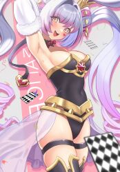  arm_behind_head armpits black_leotard blue_hair breasts brown_hair card cleavage cowboy_shot duel_monster facial_mark female heart heart_facial_mark highres kuroguy large_breasts leotard long_hair malice&lt;p&gt;white_rabbit playing_card purple_hair skindentation solo thigh_strap twintails very_long_hair yu-gi-oh! 