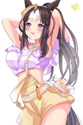  alternate_costume alternate_hairstyle armpits arms_up blush breasts female hanamura_pink hat highres hokko_tarumae_(umamusume) horse_girl long_hair looking_at_viewer medium_breasts official_alternate_costume purple_eyes side_ponytail solo swimsuit umamusume white_background 