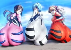  3girls ass ass_focus ayanami_rei blue_eyes blue_hair brown_hair gekka-bijin glasses looking_at_viewer makinami_mari_illustrious multiple_girls neon_genesis_evangelion plugsuit red_eyes red_hair sitting souryuu_asuka_langley 