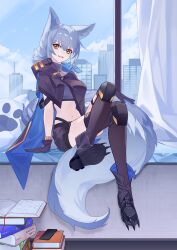  :d animal_ears arknights arm_support black_footwear black_gloves black_shorts black_thighhighs blue_hair blue_sky book book_stack boots city cloud commentary_request crop_top crossed_legs day female gloves highres indoors large_tail long_hair looking_at_viewer midriff navel open_mouth provence_(arknights) provence_(xz002) short_shorts shorts sitting sky smile solo stomach tail thighhighs wolf_ears wolf_tail yellow_eyes 