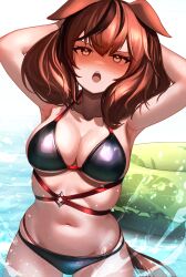  animal_ears arm_behind_head bikini black_bikini blush breasts brown_eyes brown_hair cleavage commentary_request female highres horse_ears horse_girl horse_tail hoshikuzu_kizuna_(kizuna_stardust) innertube looking_at_viewer medium_breasts multicolored_hair navel nice_nature_(umamusume) nose_blush solo streaked_hair swim_ring swimsuit tail twintails umamusume 