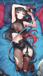  animal_ears bed_sheet black_hair black_shorts black_sports_bra blush breasts brown_pantyhose commentary_request female grey_eyes high-waist_shorts highres hong_(white_spider) jane_doe_(zenless_zone_zero) knife large_breasts long_hair looking_at_viewer lying mouse_ears mouse_girl mouse_tail multicolored_hair navel on_back pantyhose parted_lips pillow red_hair shorts single_leg_pantyhose solo sports_bra tail thighs two-tone_hair zenless_zone_zero 