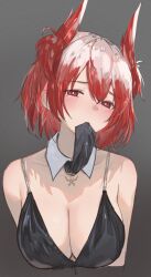  arknights bare_shoulders breasts cleavage detached_collar female fiammetta_(arknights) gradient_background grey_background highres kozeni_isari large_breasts lifting_own_clothes looking_at_viewer mouth_hold necktie_lift red_hair short_hair solo upper_body 