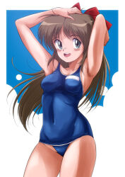  armpits blue_eyes blue_one-piece_swimsuit blue_sky blush bow breasts brown_eyes cloud cowboy_shot female hairbow kawasaki_(kawasakiw1sp) long_hair medium_breasts one-piece_swimsuit open_mouth presenting_armpit round_teeth school_swimsuit sky solo swimsuit teeth upper_teeth_only yoshinaga_sally yuusha_series yuusha_tokkyuu_might_gaine 