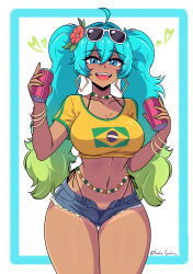  absurdres blue_eyes blue_hair blue_shorts blush bracelet brazilian_miku breasts collarbone crop_top denim denim_shorts earrings eyewear_on_head female gradient_hair gratam green_hair hatsune_miku highres jewelry large_breasts long_hair micro_shorts multicolored_hair necklace open_mouth shorts smile solo sunglasses tan tanlines teeth twintails upper_teeth_only vocaloid white-framed_eyewear 