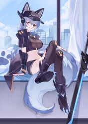  alternate_costume animal_ears arknights arm_support baseball_cap black_footwear black_hat black_shorts black_thighhighs blue_hair blue_sky boots city clothes_writing cloud commentary_request crop_top crossed_legs day female hat highres indoors large_tail long_hair looking_at_viewer midriff navel provence_(arknights) provence_(xz002) short_shorts shorts sitting sky solo stomach sword tail thighhighs weapon wolf_ears wolf_tail yellow_eyes 