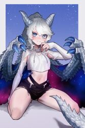  absurdres black_shorts blue_eyes blush border commentary_request commission crop_top dragon_girl ekrea_jan female grey_hair high_ponytail highres horns long_hair looking_at_viewer navel night night_sky original shorts sitting skeb_commission sky sleeves_past_wrists slit_pupils smile star_(sky) stomach thighs wariza white_border 