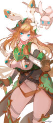  animal_ears armor armored_boots blue_eyes blush boots breasts brown_hair cleavage_cutout clothing_cutout covered_navel creature elbow_pads elf eyelashes fantasy female fingerless_gloves flower gloves hair_flower hair_ornament highres large_breasts leotard long_hair looking_at_viewer nagasawa_tougo original pointy_ears rabbit_ears smile standing thick_thighs thigh_strap thighs twitter_username v v_over_mouth very_long_hair white_flower white_leotard 