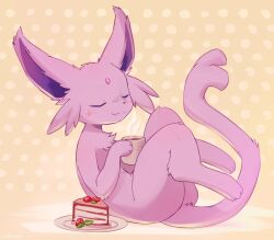  2024 abstract_background absurd_res ambiguous_gender ancesra blush cake closed_eyes coffee_cup coffee_mug container cup dessert eeveelution espeon feral food fur generation_2_pokemon hi_res hot_drink nintendo pink_body pink_fur pokemon pokemon_(species) sitting smile solo 